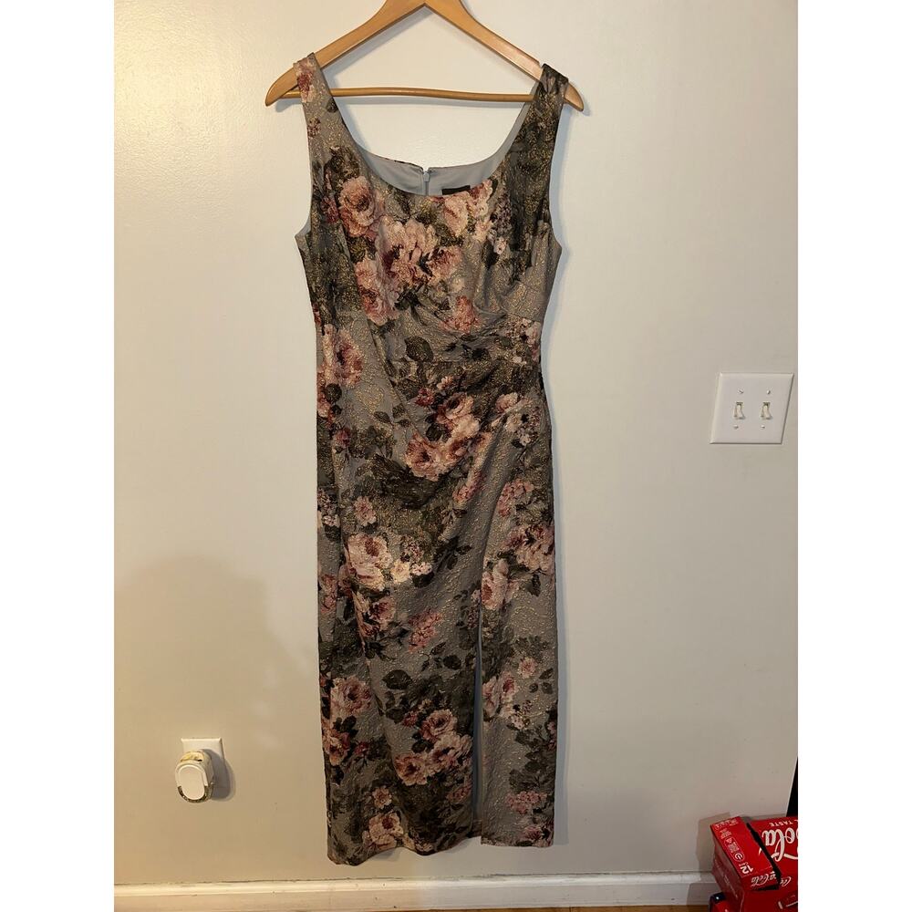 Adrianna Papell Metallic Floral Jacquard Maxi Gown Gray Blush Size 12 - Picture 2 of 5
